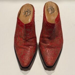 Embroidered Red Leather Pointed Mule Clogs - Women